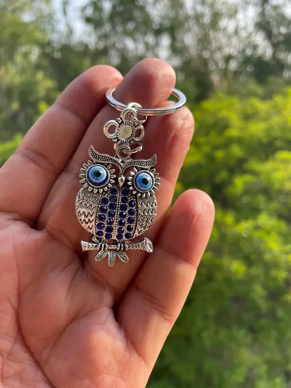 BLUE_BEADS_Blue_and_Silver_Color_Owl_with_Evil_Eye_Keychain_For_Bike/Car_Gifting_With_Key_Ring_Anti-Rust