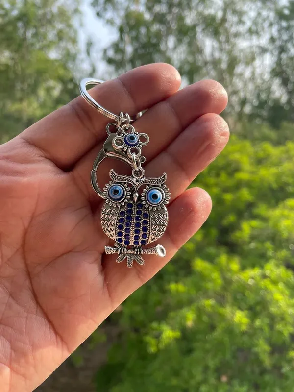 BLUE_BEADS_Blue_and_Silver_Color_Owl_with_Evil_Eye_Keychain_For_Bike/Car_Gifting_With_Key_Ring_Anti-Rust