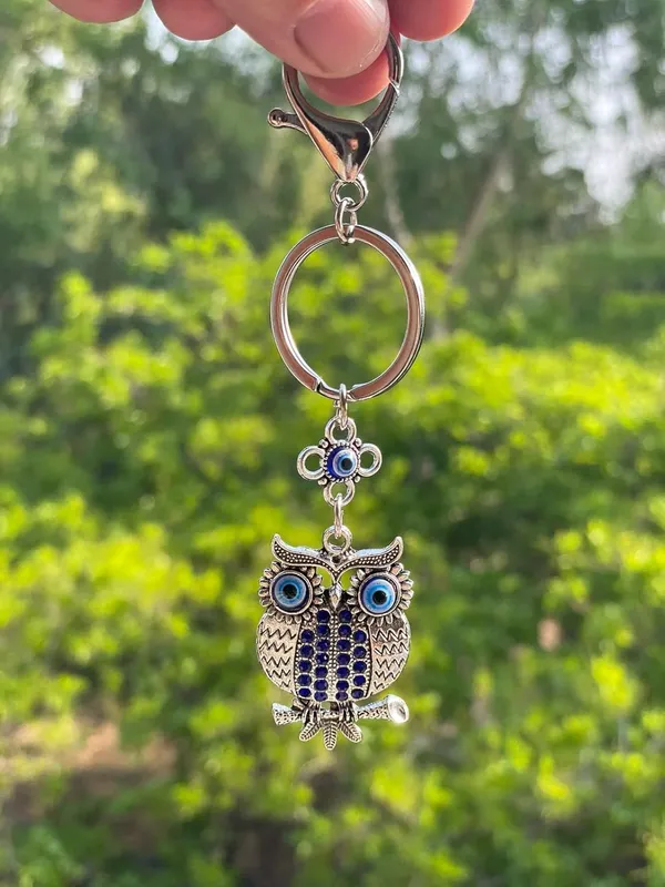 BLUE_BEADS_Blue_and_Silver_Color_Owl_with_Evil_Eye_Keychain_For_Bike/Car_Gifting_With_Key_Ring_Anti-Rust