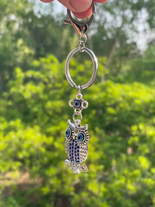 BLUE_BEADS_Blue_and_Silver_Color_Owl_with_Evil_Eye_Keychain_For_Bike/Car_Gifting_With_Key_Ring_Anti-Rust