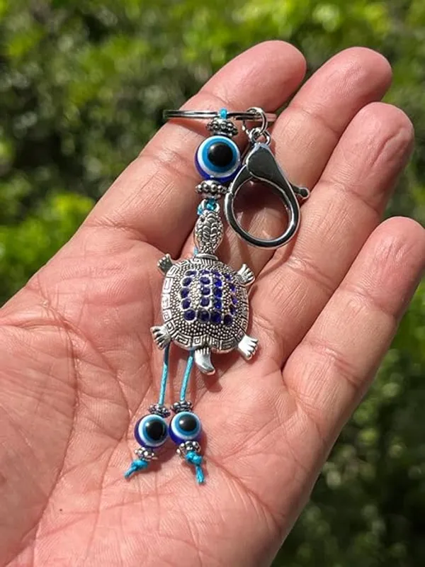 Pack_of_2_BLUE_BEADS_Silver_Color_Blue_Evil_Eye_With_Lucky_Turtule/Tortoise_Keychain_For_Bike/Car_Gifting_With_Key_Ring_Anti-Rust