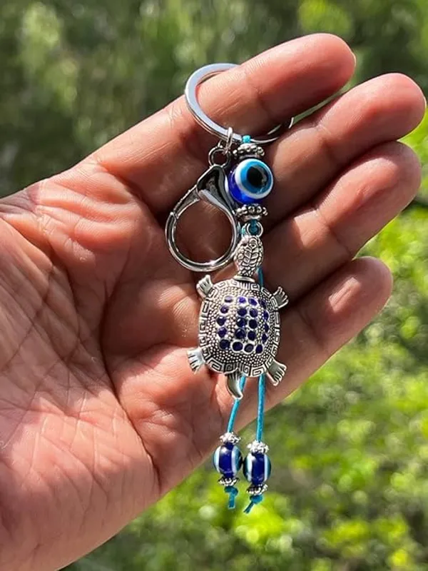Pack_of_2_BLUE_BEADS_Silver_Color_Blue_Evil_Eye_With_Lucky_Turtule/Tortoise_Keychain_For_Bike/Car_Gifting_With_Key_Ring_Anti-Rust
