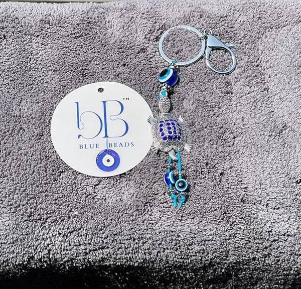 BLUE_BEADS_Silver_Color_Blue_Evil_Eye_With_Lucky_Turtule/Tortoise_Keychain_For_Bike/Car_Gifting_With_Key_Ring_Anti-Rust