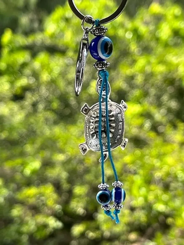 BLUE_BEADS_Silver_Color_Blue_Evil_Eye_With_Lucky_Turtule/Tortoise_Keychain_For_Bike/Car_Gifting_With_Key_Ring_Anti-Rust