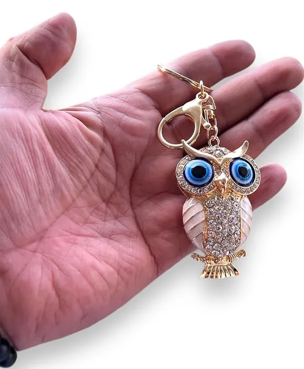 BLUE_BEADS_Gold_with_Evil_Eye_Crystal_Rhinestone_Sparkling_Owl_Keychain_For_Bike/Car_Gifting_Key_Ring_For_Men_Women_and_Handbag_Charm_(white)