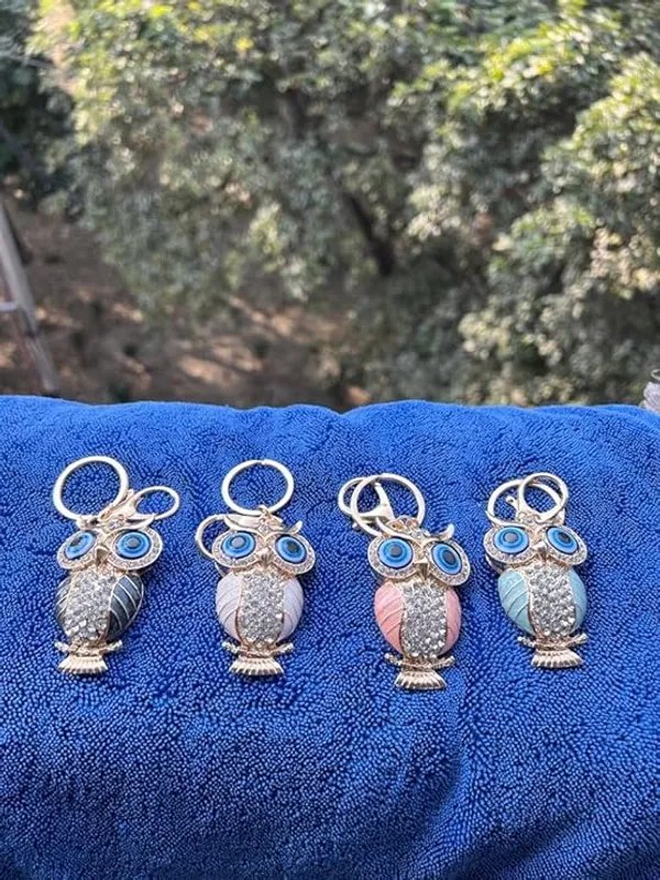 BLUE_BEADS_Gold_with_Evil_Eye_Crystal_Rhinestone_Sparkling_Owl_Keychain_For_Bike/Car_Gifting_Key_Ring_For_Men_Women_and_Handbag_Charm_(white)