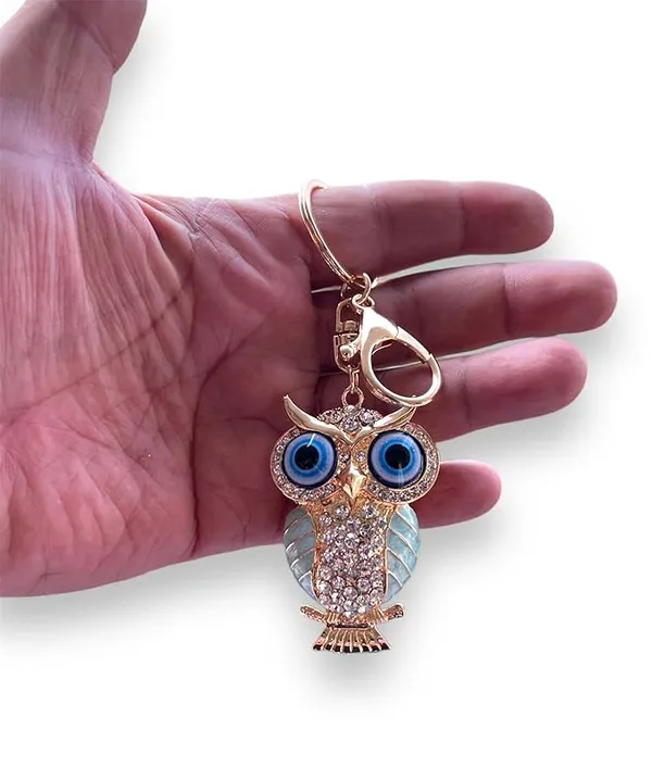 BLUE_BEADS_Gold_with_Evil_Eye_Crystal_Rhinestone_Sparkling_Owl_Keychain_For_Bike/Car_Gifting_Key_Ring_For_Men_Women_and_Handbag_Charm_(turquoise)