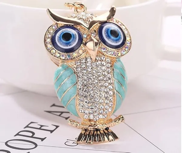 BLUE_BEADS_Gold_with_Evil_Eye_Crystal_Rhinestone_Sparkling_Owl_Keychain_For_Bike/Car_Gifting_Key_Ring_For_Men_Women_and_Handbag_Charm_(turquoise)