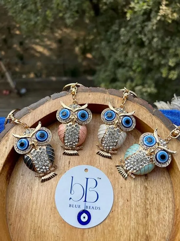 BLUE_BEADS_Gold_with_Evil_Eye_Crystal_Rhinestone_Sparkling_Owl_Keychain_For_Bike/Car_Gifting_Key_Ring_For_Men_Women_and_Handbag_Charm_(turquoise)