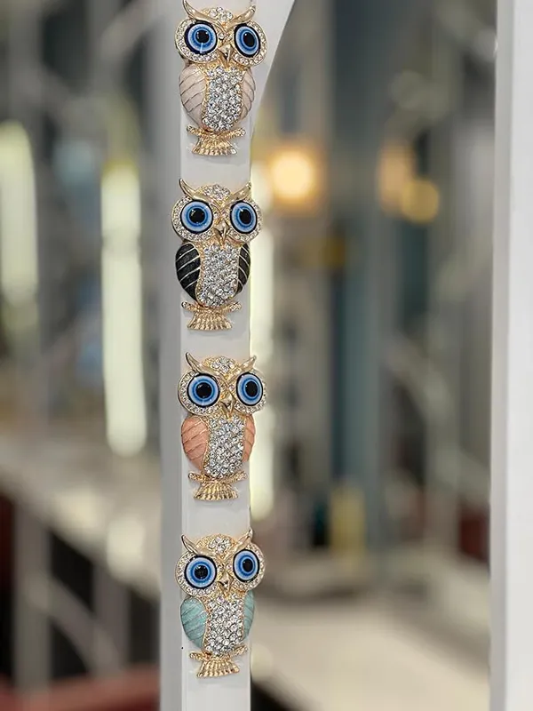 BLUE_BEADS_Gold_with_Evil_Eye_Crystal_Rhinestone_Sparkling_Owl_Fridge_Sticker_Magnet_-_Sign_of_Good_Luck_&_Protection_(black)