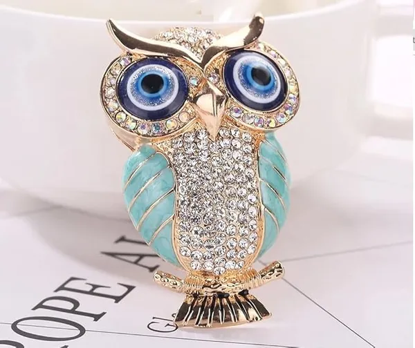 BLUE_BEADS_Gold_with_Evil_Eye_Crystal_Rhinestone_Sparkling_Owl_Fridge_Sticker_Magnet_-_Sign_of_Good_Luck_&_Protection_(Turquoise)