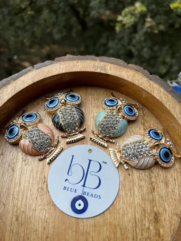 BLUE_BEADS_Gold_with_Evil_Eye_Crystal_Rhinestone_Sparkling_Owl_Fridge_Sticker_Magnet_-_Sign_of_Good_Luck_&_Protection_(Turquoise)
