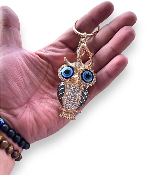 BLUE_BEADS_Gold_with_Evil_Eye_Crystal_Rhinestone_Sparkling_Owl_Keychain_For_Bike/Car_Gifting_Key_Ring_For_Men_Women_and_Handbag_Charm_(black)