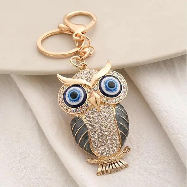 BLUE_BEADS_Gold_with_Evil_Eye_Crystal_Rhinestone_Sparkling_Owl_Keychain_For_Bike/Car_Gifting_Key_Ring_For_Men_Women_and_Handbag_Charm_(black)