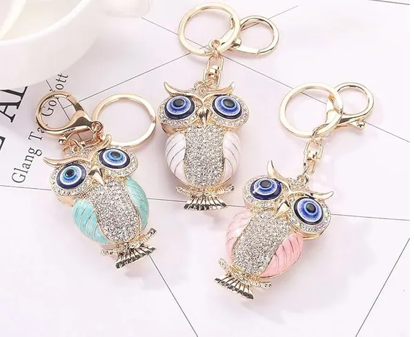 BLUE_BEADS_Gold_with_Evil_Eye_Crystal_Rhinestone_Sparkling_Owl_Keychain_For_Bike/Car_Gifting_Key_Ring_For_Men_Women_and_Handbag_Charm_(black)