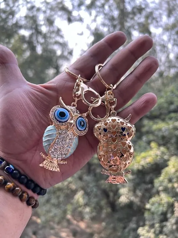 BLUE_BEADS_Gold_with_Evil_Eye_Crystal_Rhinestone_Sparkling_Owl_Keychain_For_Bike/Car_Gifting_Key_Ring_For_Men_Women_and_Handbag_Charm_(black)