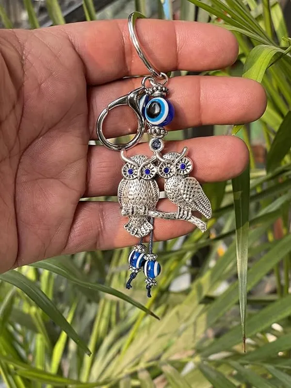 BLUE_BEADS_Silver_Color_Double_Owl_with_Evil_Eye_Keychain_For_Bike/Car_Gifting_With_Key_Ring_(Pack_Of_1)