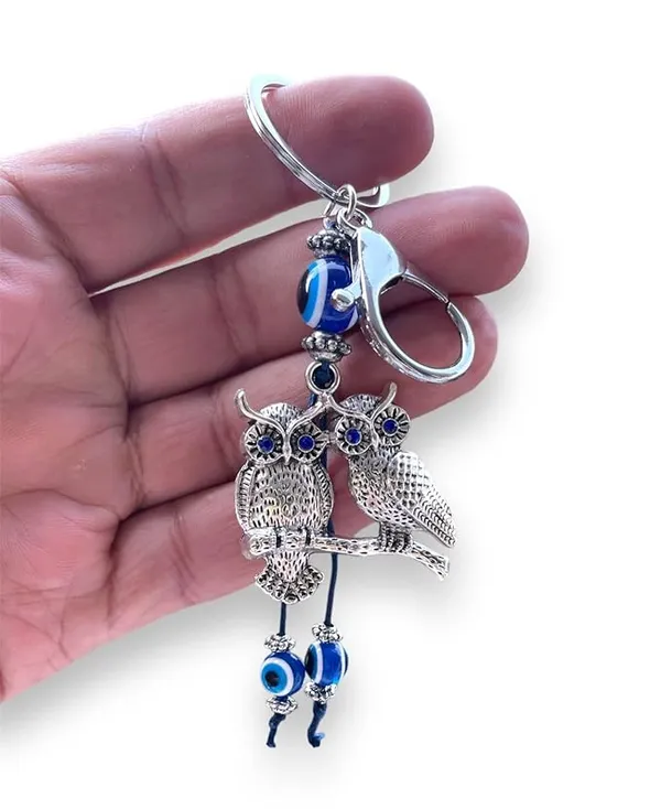 BLUE_BEADS_Silver_Color_Double_Owl_with_Evil_Eye_Keychain_For_Bike/Car_Gifting_With_Key_Ring_(Pack_Of_1)