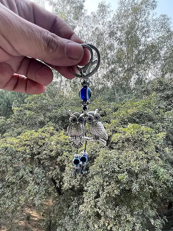 BLUE_BEADS_Silver_Color_Double_Owl_with_Evil_Eye_Keychain_For_Bike/Car_Gifting_With_Key_Ring_(Pack_Of_1)