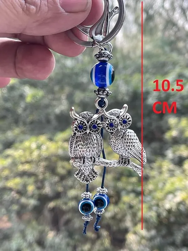 BLUE_BEADS_Silver_Color_Double_Owl_with_Evil_Eye_Keychain_For_Bike/Car_Gifting_With_Key_Ring_(Pack_Of_1)
