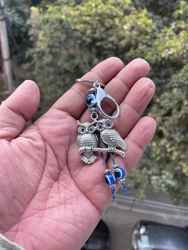 BLUE_BEADS_Silver_Color_Double_Owl_with_Evil_Eye_Keychain_For_Bike/Car_Gifting_With_Key_Ring_(Pack_Of_1)