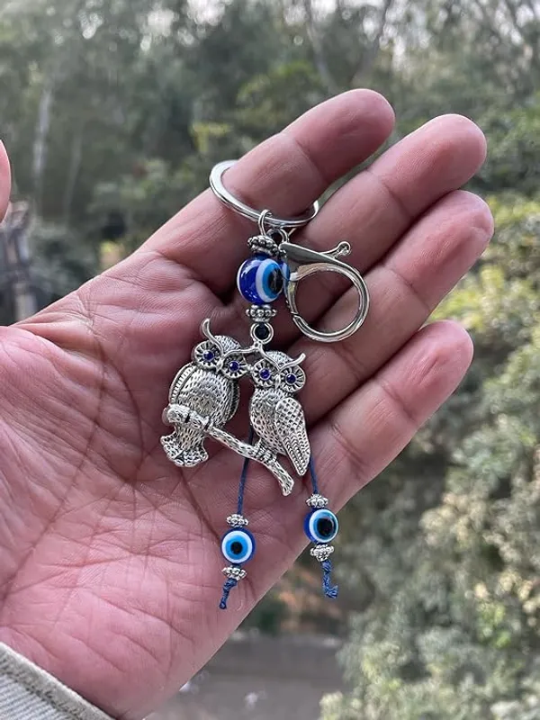 BLUE_BEADS_Silver_Color_Double_Owl_with_Evil_Eye_Keychain_For_Bike/Car_Gifting_With_Key_Ring_(Pack_Of_1)