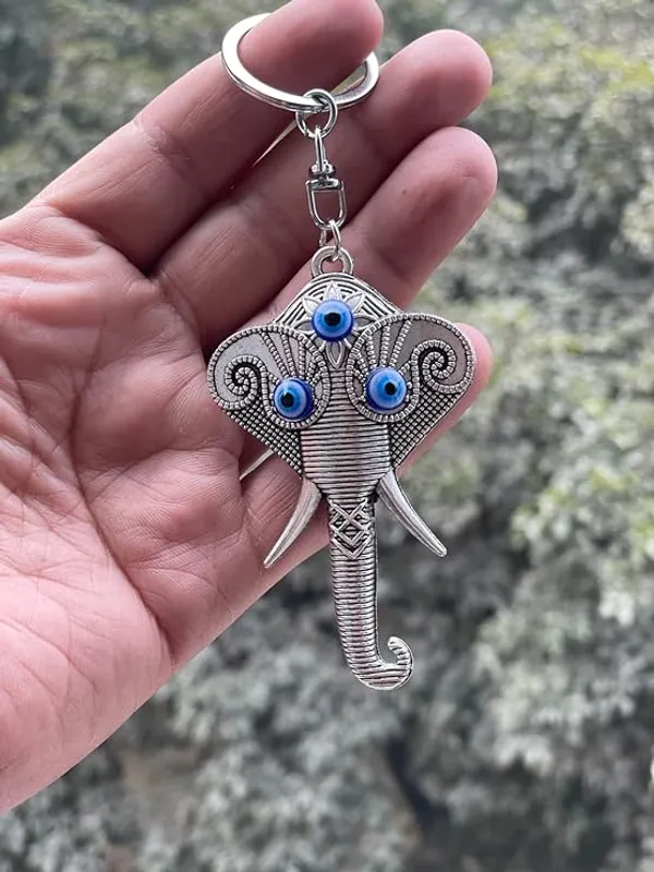 BLUE_BEADS_Evil_Eye_Keychain_With_Silver_Elephant_Lord_Ganpati/Ganesh_Face_Keychain_For_Bike/Car_Gifting_With_Key_Ring_(Pack_Of_1)