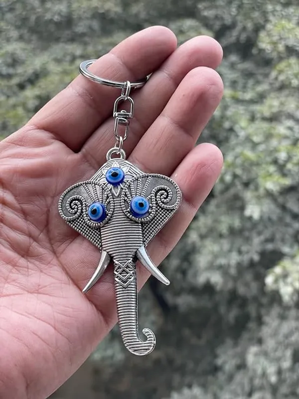 Pack_of_2_BLUE_BEADS_Evil_Eye_Keychain_With_Silver_Elephant_Lord_Ganpati/Ganesh_Face_Keychain_For_Bike/Car_Gifting_With_Key_Ring