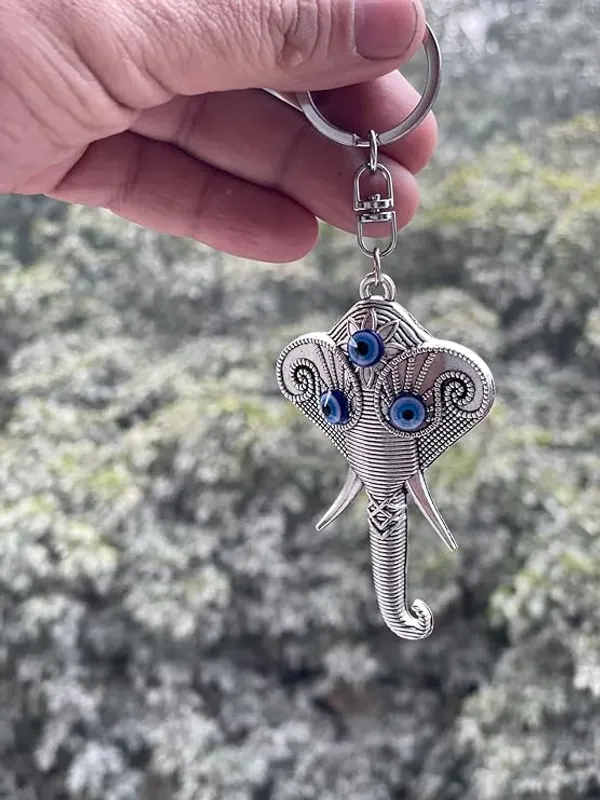 Pack_of_2_BLUE_BEADS_Evil_Eye_Keychain_With_Silver_Elephant_Lord_Ganpati/Ganesh_Face_Keychain_For_Bike/Car_Gifting_With_Key_Ring