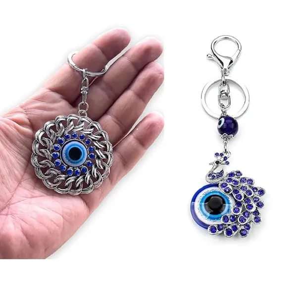 Pack_of_2_BLUE_BEADS_Combo_Offer_Blue_and_Silver_Evil_Eye_Peacock_with_Blue_Round_Design_Keychain_For_Bike/Car_Gifting_With_Key_Ring_Anti-Rust