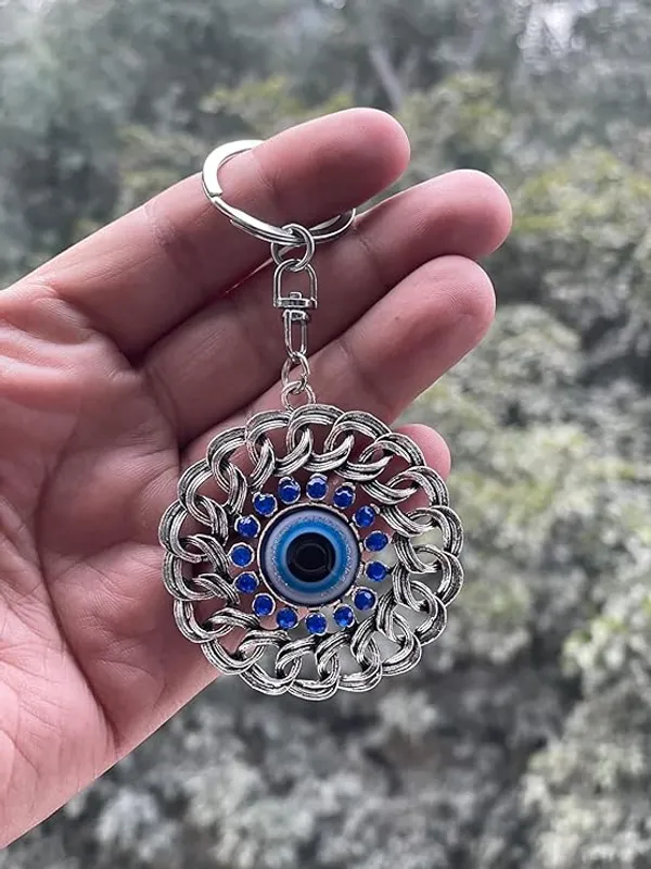 Pack_of_2_BLUE_BEADS_Combo_Offer_Blue_and_Silver_Evil_Eye_Peacock_with_Blue_Round_Design_Keychain_For_Bike/Car_Gifting_With_Key_Ring_Anti-Rust