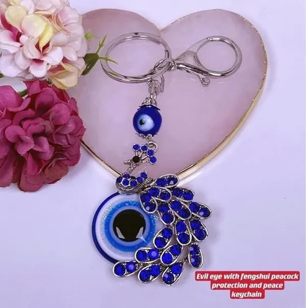 Pack_of_2_BLUE_BEADS_Combo_Offer_Blue_and_Silver_Evil_Eye_Peacock_with_Blue_Round_Design_Keychain_For_Bike/Car_Gifting_With_Key_Ring_Anti-Rust