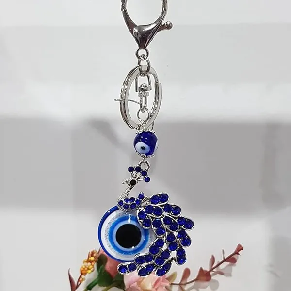 Pack_of_2_BLUE_BEADS_Combo_Offer_Blue_and_Silver_Evil_Eye_Peacock_with_Blue_Round_Design_Keychain_For_Bike/Car_Gifting_With_Key_Ring_Anti-Rust