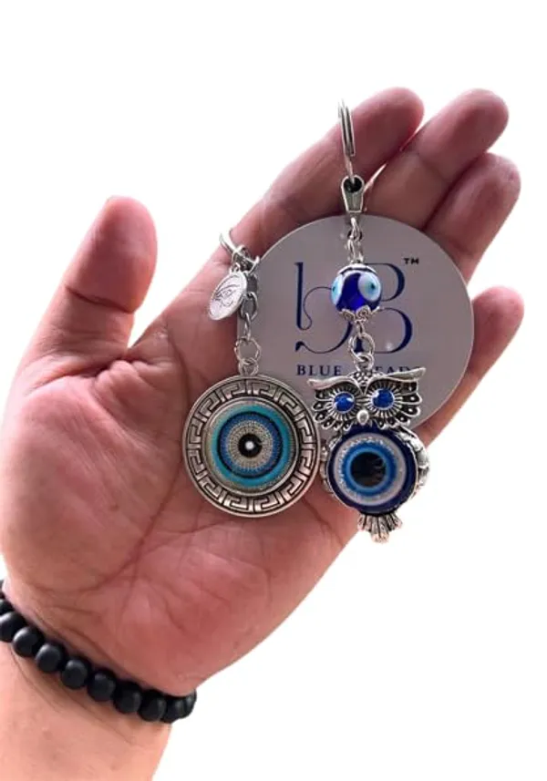 Pack_Of_2_Blue_&_Silver_Evil_Eye_Round_And_Owl_Keychain_For_Bike/Car_Gifting_With_Key_Ring_AntiRust