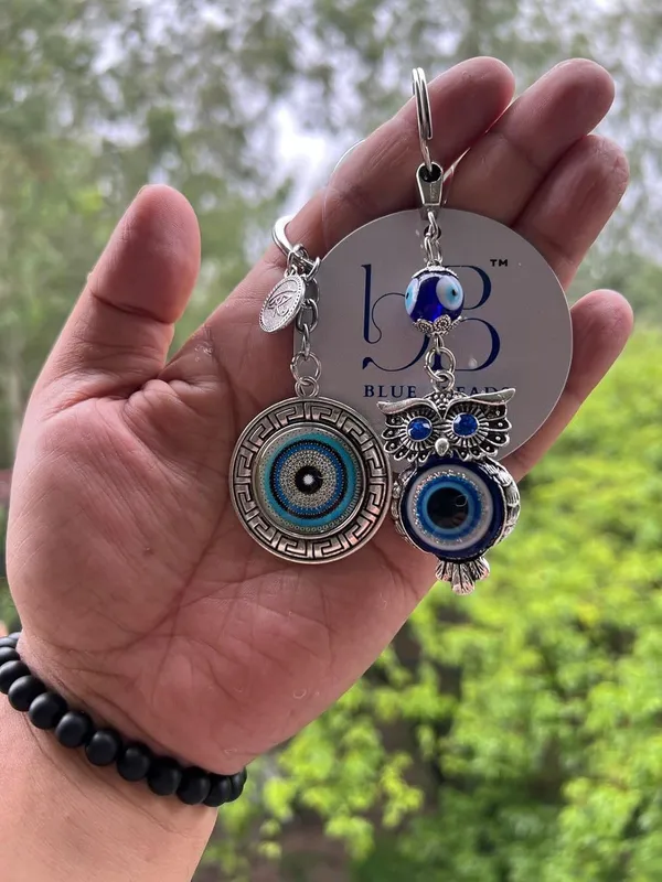 Pack_Of_2_Blue_&_Silver_Evil_Eye_Round_And_Owl_Keychain_For_Bike/Car_Gifting_With_Key_Ring_AntiRust