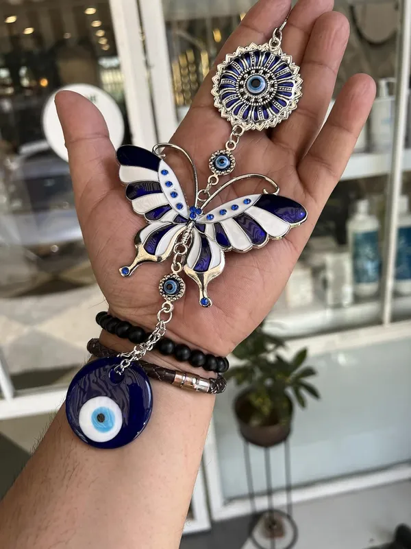 Blue_&_Silver_Enamelled_White_Butterfly_With_Evil_Eye_Pendant_Decoration,_Wall/Door_Hanging_Ornament_Amulet