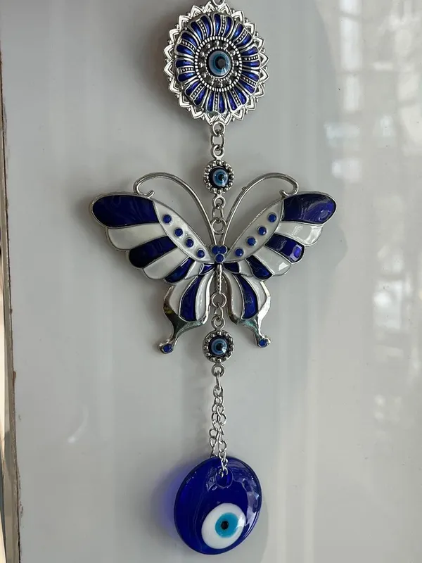Blue_&_Silver_Enamelled_White_Butterfly_With_Evil_Eye_Pendant_Decoration,_Wall/Door_Hanging_Ornament_Amulet