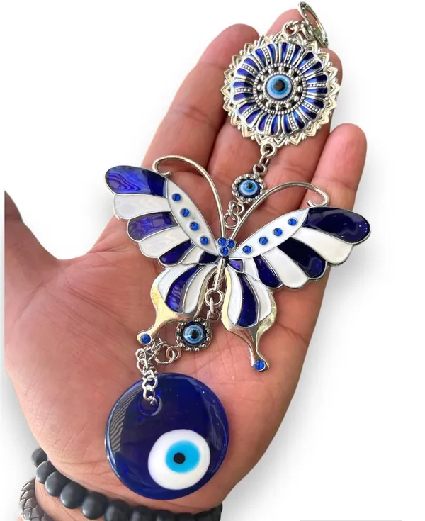 Blue_&_Silver_Enamelled_White_Butterfly_With_Evil_Eye_Pendant_Decoration,_Wall/Door_Hanging_Ornament_Amulet