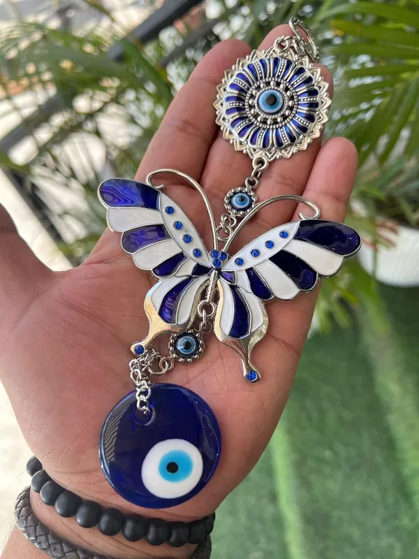 Blue_&_Silver_Enamelled_White_Butterfly_With_Evil_Eye_Pendant_Decoration,_Wall/Door_Hanging_Ornament_Amulet