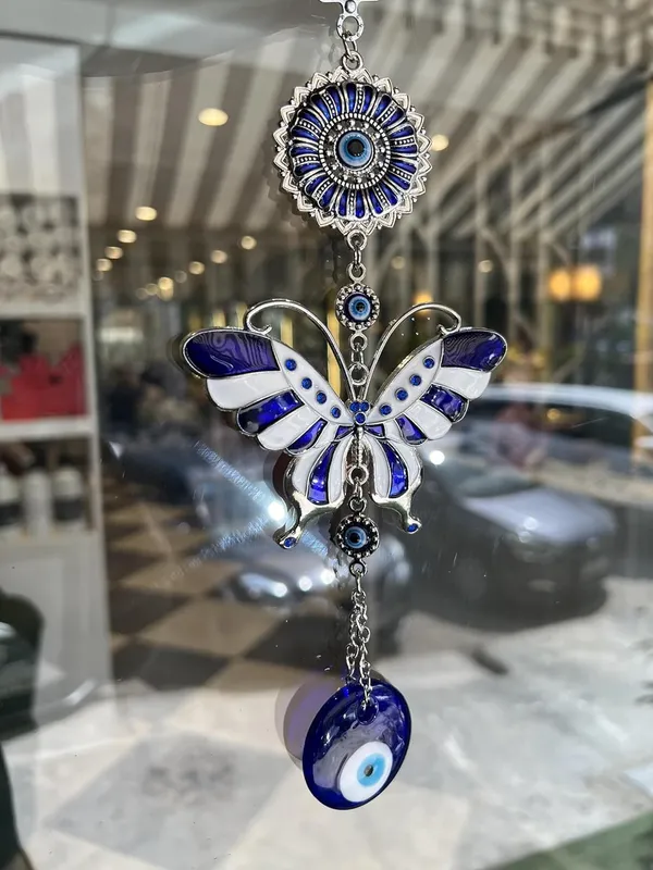 Blue_&_Silver_Enamelled_White_Butterfly_With_Evil_Eye_Pendant_Decoration,_Wall/Door_Hanging_Ornament_Amulet
