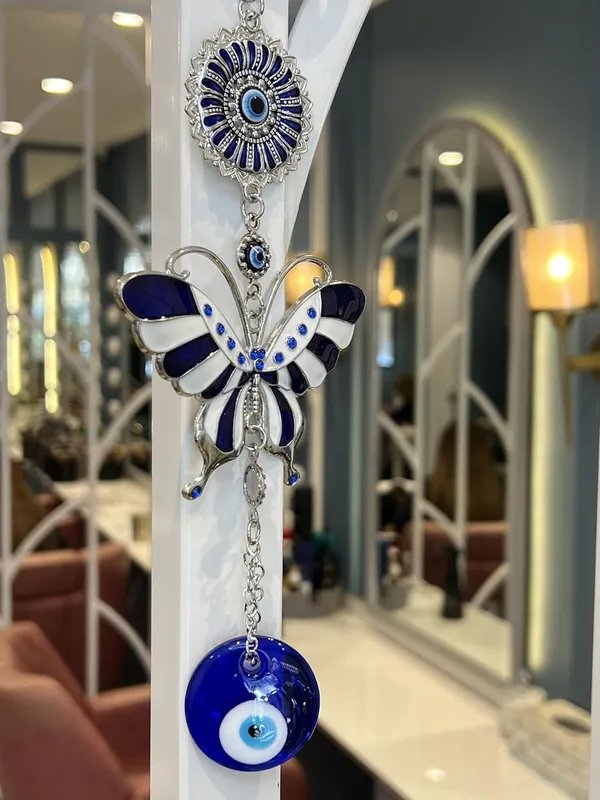 Blue_&_Silver_Enamelled_White_Butterfly_With_Evil_Eye_Pendant_Decoration,_Wall/Door_Hanging_Ornament_Amulet