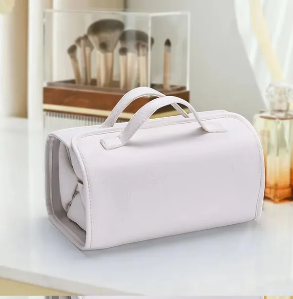 BLUE_BEADS_4_in_1_Travel_Toiletry_Bag_PU_Leather_Roll_Up_Cosmetic_Bag_4_Detachable_Compartments_Foldable_Makeup_Handbag_for_Travel_(Off_White)