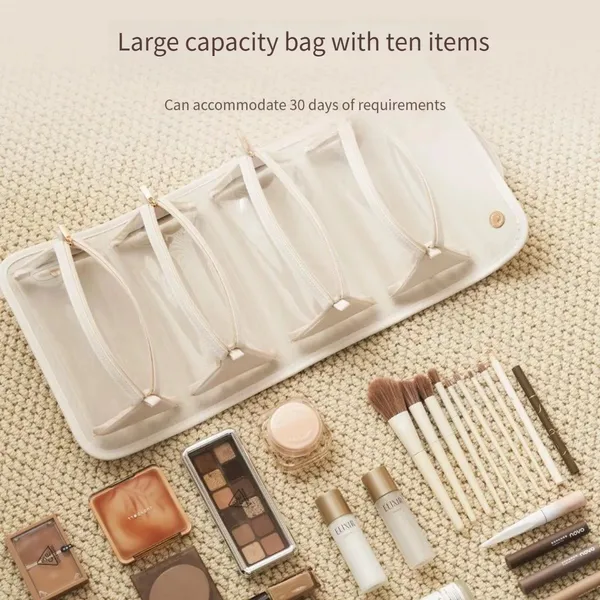 BLUE_BEADS_4_in_1_Travel_Toiletry_Bag_PU_Leather_Roll_Up_Cosmetic_Bag_4_Detachable_Compartments_Foldable_Makeup_Handbag_for_Travel_(Off_White)