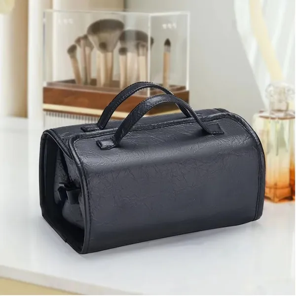 BLUE_BEADS_4_in_1_Travel_Toiletry_Bag_PU_Leather_Roll_Up_Cosmetic_Bag_4_Detachable_Compartments_Foldable_Makeup_Handbag_for_Travel_(Black)