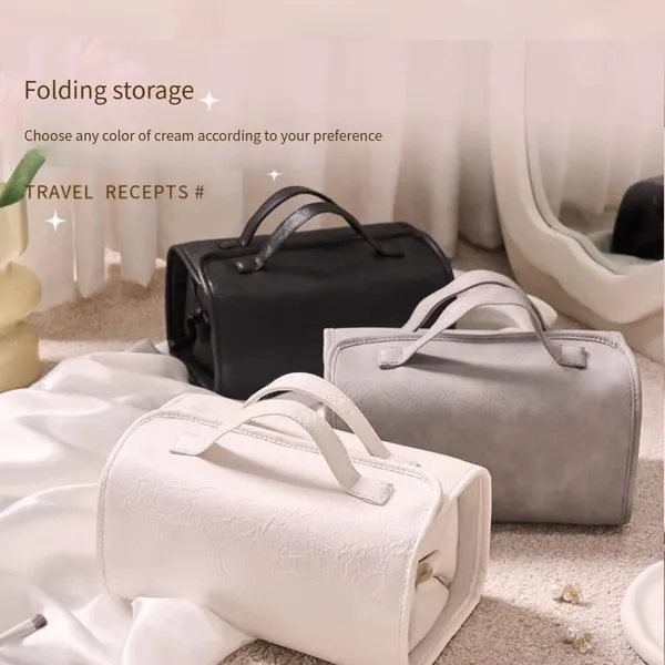 BLUE_BEADS_4_in_1_Travel_Toiletry_Bag_PU_Leather_Roll_Up_Cosmetic_Bag_4_Detachable_Compartments_Foldable_Makeup_Handbag_for_Travel_(Black)