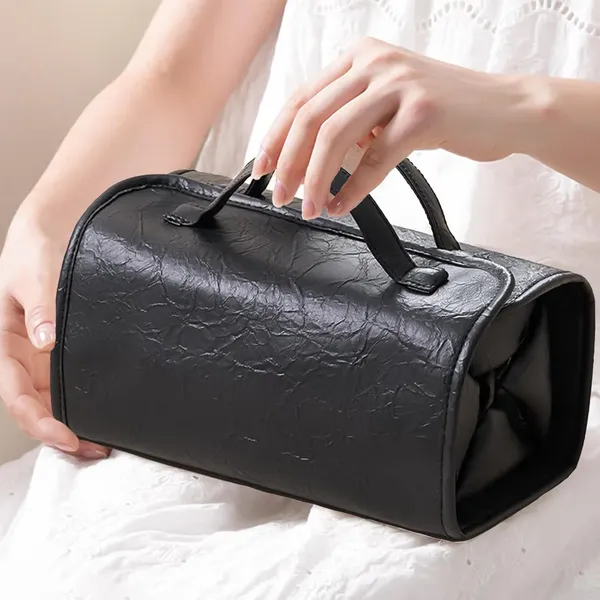 BLUE_BEADS_4_in_1_Travel_Toiletry_Bag_PU_Leather_Roll_Up_Cosmetic_Bag_4_Detachable_Compartments_Foldable_Makeup_Handbag_for_Travel_(Black)