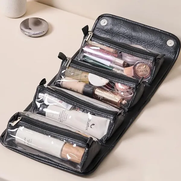 BLUE_BEADS_4_in_1_Travel_Toiletry_Bag_PU_Leather_Roll_Up_Cosmetic_Bag_4_Detachable_Compartments_Foldable_Makeup_Handbag_for_Travel_(Black)