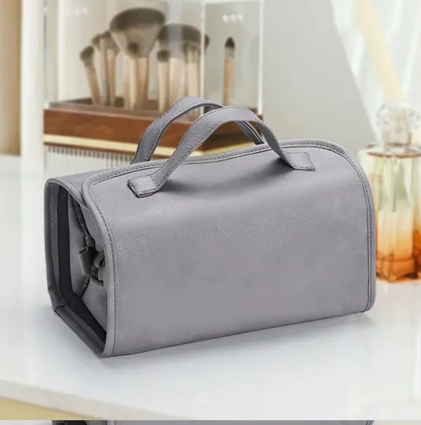 BLUE_BEADS_4_in_1_Travel_Toiletry_Bag_PU_Leather_Roll_Up_Cosmetic_Bag_4_Detachable_Compartments_Foldable_Makeup_Handbag_for_Travel_(Grey)