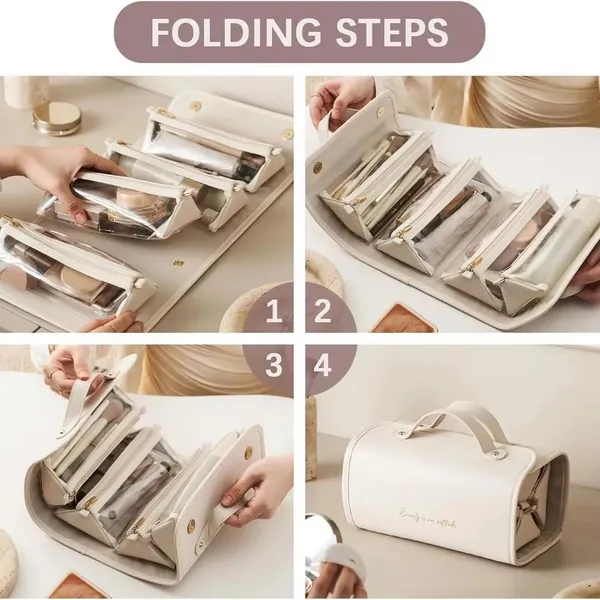 BLUE_BEADS_4_in_1_Travel_Toiletry_Bag_PU_Leather_Roll_Up_Cosmetic_Bag_4_Detachable_Compartments_Foldable_Makeup_Handbag_for_Travel_(Grey)