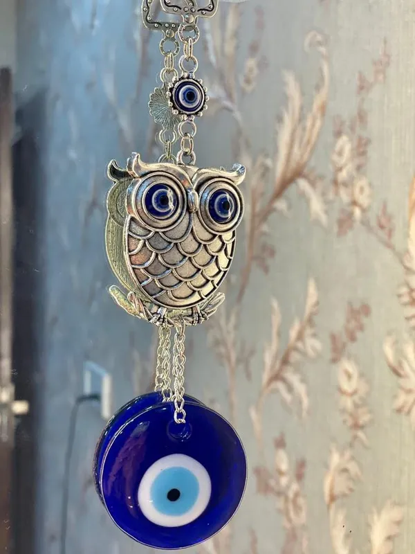 _Blue_Silver_Evil_Eye_Wall_Hanging_with_Owl_Pendant_Decoration,_Lucky_Hanging_Ornament_Amulet_for_Car,_Home_and_Office_for_Protection_and_Blessing